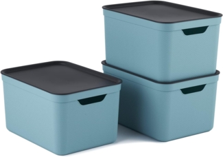 Jive Dekobox 3er- Set Aufbewahrungsbox 16l mit Deckel, Kunststoff (PP recycelt), türkis/anthrazit, 3x16l (37.5 x 27.8 x 29.8 cm)