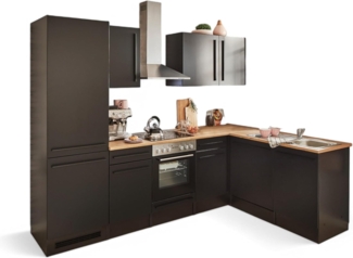 Jazz 8 Moderne Eckküche ohne Elektrogeräte in Schwarz matt, Lanzelot Eiche Optik - Geräumige Küchenzeile in L-Form mit viel Stauraum - 280 x 211 x 60 cm (B/H/T)