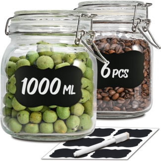 Praknu Vorratsglas 6 Einmachgläser mit Bügelverschluss 1l - Mit Etiketten, Stift und, Glas, (Set, 6-tlg), Luftdichte Deckel mit Dichtung, Vorratsbehälter für Lebensmittel