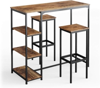 Vicco Bartisch-Set Antikholz 120 x 50 cm mit Regalen und 2 Barhockern, Fyrk