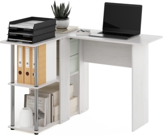 Furinno Abbott L-förmiger Schreibtisch mit Bücherregal, Weiße Eiche, Edelstahlrohre