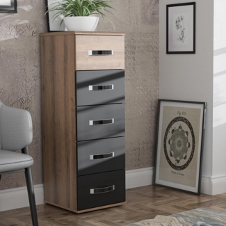 FORTE Dolce Schmale Kommode 40 45 mit 5 Schubladen, Schlammeiche/Schwarz Eiche Dekor, 40,4 cm breit x 117,6 cm hoch x 41,3 cm tief