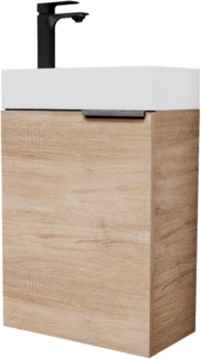 Planetmöbel Waschtisch mit Unterschrank 40cm in Sonoma Eiche mit Waschbecken & Armatur in Schwarz matt, Badmöbel Set für Bad, Gäste WC