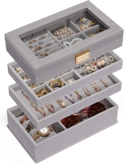 Yorbay Schmuckkasten Stapelbares Schmucktablett, mit Glasdeckel, herausnehmbaren Trennwände, 4 Ebenen Schmuckkästchen, Schmuckeinsatz für Schublade, 24 x 14 x 16,9 cm