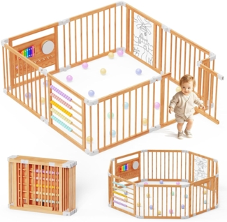Holzlaufstall Baby-Laufstall mit Spielcenter – Verstellbare Größe & Form, faltbarer Laufstall aus Holz, Spielzaun mit Tor für Babys und Kleinkinder (160 x 160 x 61 cm)