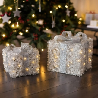 2x LED Deko "Geschenk" in silber, Weihnachtsdeko innen, Leuchtdeko, Winterdeko beleuchtet für Sideboard, Weihnachtsbaum, Tisch