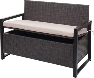 Poly-Rattan 2er Sitzbank HWC-F39, Gartenbank Truhenbank, Staufach Aufbewahrung Sitzkissen ~ grau, Kissen beige