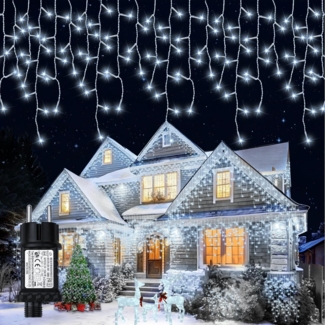 Eisregen Lichterkette Außen Weihnachtsbeleuchtung 12,8m 400LEDs IP65 Wasserdicht LED Lichtervorhang Aussen mit Timer, Weihnachtslichterkette 8Modi für Balkon Fenster Geländer Weihnachten Deko-Kaltweiß