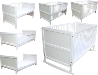 Micoland Kinderbett Kinderbett Juniorbett Beistellbett Wiege 140x70cm 4in1 + Matratze weiß