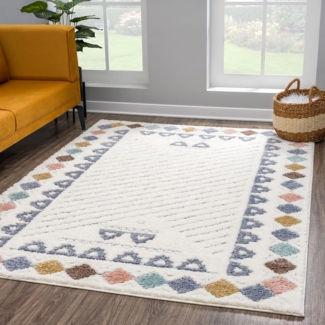 Teppich Wohnzimmer Hochflor - 80x150cm - Ethno - Cream Multi - Modern Raute Meliert Muster Skandinavisch Flauschig Kinderzimmer Schlafzimmer Dekoration