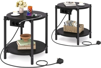 IRONCK Beistelltisch rund, Couchtisch mit Steckdose, Kleiner Tisch Holz, Wohnzimmertisch 2 Ablagen,Sofatisch,USB & Type-C-Anschluss, Metallrahmen, Nachttisch für Schlafzimmer (Schwarz, 2 Stücke)