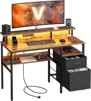 VASAGLE Schreibtisch mit Stoff-Schubladen, Computertisch mit Monitorständer, LED-Beleuchtung, 55 x 120 x 90 cm, eingebaute Steckdosen, 2 USB-A-Anschlüsse, für Homeoffice, vintagebraun LWD093K01