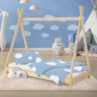 ML-DESIGN Kinderbett Hausbett Tipi Zeltbett inkl. Lattenrost Bodenbett Kinder Himmelbett, Abenteuerbett zum Spielen Zelt Spielbett Kiefer Bettenhaus Bett Natur