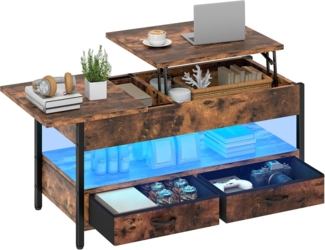 YITAHOME Couchtisch Höhenverstellbar, Wohnzimmertisch mit Verstecktem Ablagefach für für Wohnzimmer, Büro, couchtisch mit stauraum und 2 Schublade und LED-Lichtleiste 106 x 50 x 51,5 cm