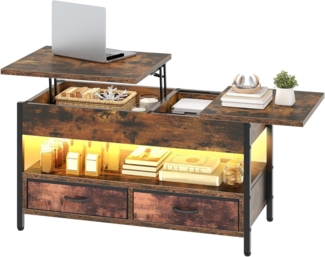 YITAHOME Couchtisch Höhenverstellbar, Wohnzimmertisch mit Verstecktem Ablagefach für für Wohnzimmer, Büro, couchtisch mit stauraum und 2 Schublade und LED-Lichtleiste 106 x 50 x 51,5 cm