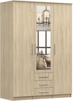 Schwebetürenschrank Szantal 3D mit Spiegel, Kleiderschrank mit DREI Schubladen, Kleiderstange und Einlegeböden, Schlafzimmerschrank, Schiebetüren, Modern Design (Sonoma/Sonoma)
