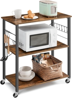 Vasagle Küchenregal auf Rollen, Servierwagen mit 3 Regalböden, Mikrowellenregal, für Minibackofen, Toaster, Wasserkocher, Metall, mit 6 Haken, Industrie-Design,40 x 80 x 82,5 cm (T x B x H), Vintagebraun-Schwarz von Songmics
