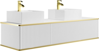 Vente-unique - Waschbeckenunterschrank hängend mit quadratischem Doppelaufsatzwaschbecken - Streifenoptik - Goldfarbene Umrandung - Weiß - 150 cm - KELIZA