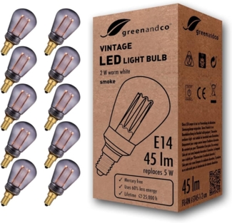 greenandco 10x LED Vintage Glühbirne zur Stimmungsbeleuchtung | E14 ST45 | smoke | 2W 45lm | 1800K extra warmweiß | 320° | 230V | flimmerfrei | nicht dimmbar | Edison Glühbirne