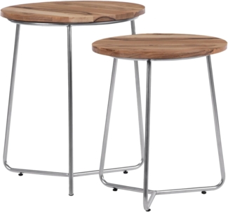 Beistelltisch 2er Set Natur/Silber Ø 43x52 / 38x45 cm rund aus Mangoholz und Eisen WOMO-Design