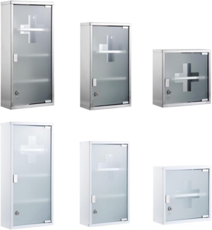 Zedelmaier Medizinschrank aus Edelstahl abschließbarer Arzneischrank Erste-Hilfe-Schrank Hausapotheke,2 Fächer mit Glas Tür 33 x 30 x 12 cm cm (Silber - 2 Fächer)