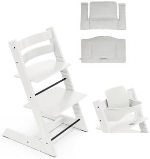 Stokke 'Tripp Trapp' Hochstuhl, white, höhenverstellbar, Buche, inkl. Classic Kissen & Babyset in Nordic Grey