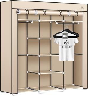 KESSER® Kleiderschrank Stoffschrank Stabil mit Kleiderstange & Ablagen, Inkl. 5x Kleiderbügel, Stoff Faltschrank für Schlafzimmer, Ankleidezimmer Garderobe mit Kleiderständer 150x45x175cm Beige