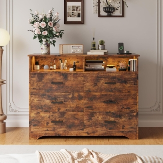 IRONCK Kommode Vintage Braun mit 6 Schubladen, Komodenschrank mit LED-Streifen und 2 Steckdosen, USB+Typ-C-Anschlusse, Schubladenschrank für Schlafzimmer, Wohnzimmer, Arbeitszimmer Flur, 120cm Breite