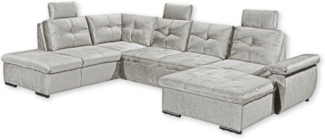 Stella Trading ALIJA Wohnlandschaft in U-Form in Silber - Ausziehbares Sofa mit Schlaffunktion, Bettkasten & Verstellbarer Armlehne - 334x84 (107) x 217 cm (B/H/T)