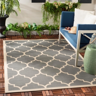 SAFAVIEH Geometrisch Teppich für Innen - & Außenbereich - Courtyard Collection, Kurzer Flor, Anthrazit und Beige, 69 X 201 cm