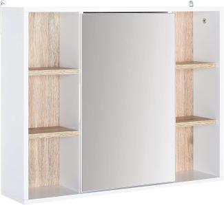 HOMCOM Spiegelschrank Badschrank Hängeschrank Wandschrank mit Spiegel Badmöbel Mehrzweckschrank mit 6 offenen Ablagen, Spanplatte+MDF, Weiß + Natur 60 x 14,5 x 49,4 cm