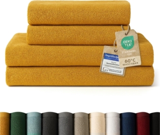 Blumtal Premium Frottier Handtücher Set mit Aufhängschlaufen - Baumwolle Oeko-TEX Zertifiziert, weich, saugstark - 2X Badetuch (70x140 cm), 2X Handtuch (50x100 cm), Spicy Mustard (Gelb)