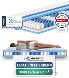 AM Qualitätsmatratzen Deluxe Taschenfederkernmatratze 70x190 cm H3 24cm - Made in Germany & Oeko TEX Siegel - Federkernmatratze 70x190 mit 1000 Federn & Lyocell Bezug - 7 Zonen Matratze 70x190 H3
