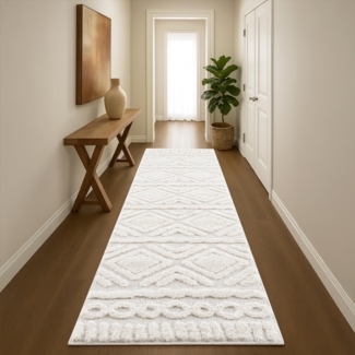 payé Teppich Läufer fürs Flur - 80x300 cm - Hochflor - Boho - Pastell Creme - Einfarbig - Modern Raute Ornamente - Skandinavisch Flauschig Weich - Schlafzimmer