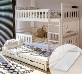 Kids Collective Hochbett 90x200 mit Ausziehbett Kinderbett mit Ausziehfunktion, zwei Schubladen Lattenrost, Rausfallschutz, mit 3 Matratzen, Vollholz in weiss