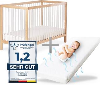 Ehrenkind® Babybett PUR inkl. 140x70 aus Natur Buchenholz | Kinderbett 9-Fach höhenverstellbar mit entnehmbaren Stangen