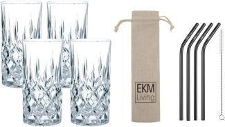 Spiegelau & Nachtmann, 4-teiliges Longdrink-Set, Kristallglas, 375 ml, Noblesse, 0089208-0 + 4er Set EKM Living Edelstahl Strohhalme schwarz gebogen