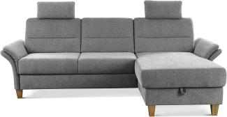 CAVADORE Ecksofa Wyk mit Federkern / Schlafsofa im Landhaus-Stil mit Longchair, Bett, Bettkasten, Armteilfunktion + 2 Kopfstützen / 252 x 90 x 162 / Chenille, Grau