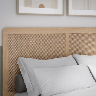 Forte CALASETTA Bettkopfteil 160, Boho-Kopfteil mit Rattangeflecht, Holzwerkstoff, Elegancia Eiche Holzdekor | Technorattan, 160,2 cm breit x 120 cm hoch x 2,2 cm tief