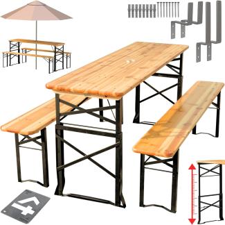 Bierzeltgarnitur höhenverstellbar, 2x Bank, 1x Tisch, Tannenholz, Tisch 167 x 50 x 75-101 cm