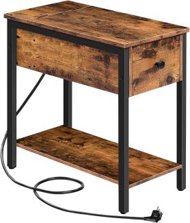 HOOBRO Beistelltisch mit Ladestation, Nachttisch mit Steckdose und USB-Anschluss, Sofatisch mit Schublade, Dekorativer Tisch für Kleine Räume, Wohnzimmer, Schlafzimmer, Dunkelbraun EBF042BZ01