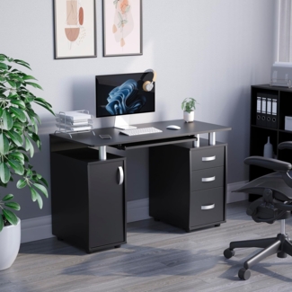Vida Designs Otley Computertisch mit Ablagen und 3 Schubladen, Home Office PC/Laptop Gaming Tisch, Arbeitsstation mit Tastaturablage, Möbel, schwarz, Holzwerkstoff, 3 Drawer