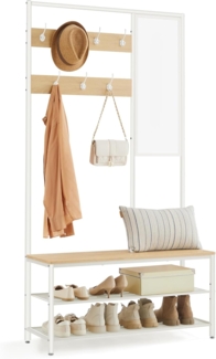 VASAGLE Kleiderständer, Garderobe, Garderobenständer mit Haken, Spiegel, Sitzbank, 35 x 98 x 180 cm, für Eingangsbereich, Schlafzimmer, Wohnzimmer, modern, eichenfarben-weiß HSR415W09