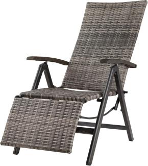 tectake® Alu Polyrattan Gartenstuhl mit Armlehnen, Campingstuhl mit 6-Fach Verstellbarer Rückenlehne, klappbar, Relaxsessel mit Liegefunktion, wetterfest, Klappstuhl mit Fußablage - grau