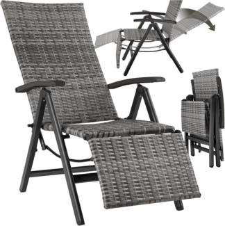 tectake® Alu Polyrattan Gartenstuhl mit Armlehnen, Campingstuhl mit 6-Fach Verstellbarer Rückenlehne, klappbar, Relaxsessel mit Liegefunktion, wetterfest, Klappstuhl mit Fußablage - grau