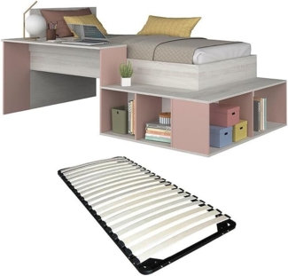 Vente-unique - Kombi-Bett 90 x 200 cm mit Stauraum & Schreibtisch + Lattenrost - Holzfarben & Rosa - RIGALI