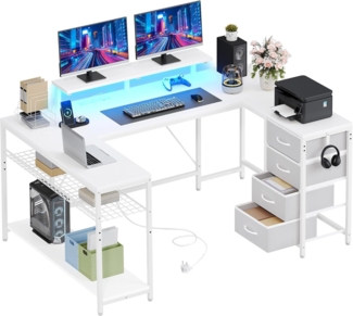 YITAHOME Eckschreibtisch mit 4 Schubladen & Stauraum, Gaming Schreibtisch mit LED & Monitorständer für Home Office, Reversible Eckschreibtisch mit 2 Steckdosen und 2 USB Ladeanschluss, 158cm, Weiß