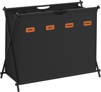 Songmics Wäschekorb, 155 Liter, 4 Fächer, klappbares X-Gestell, individuelle Etiketten, Oxford-Gewebe, Stahl, Schwarz, 79,9 x 40 x 66 cm