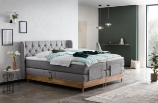 Belanoti Boxspringbett EON (Boxspringbett 160x200 elektrisch verstellbar Bett 160x200 mit Motor, 7-Zonen Taschenfederkern Matratze inklusive Visco Topper), in der Farbe Hellgrau H2/H3 Polsterbett Motorbett mit Eiche