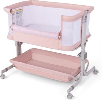 FANTASK 3 in 1 Beistellbett mit Matratze, Mobiles Baby Bett 6 Fach höhenverstellbar, tragbarer Reisebett Baby mit Aufbewahrungskorb & Tragetasche für Baby bis 6 Monaten (Rosa)